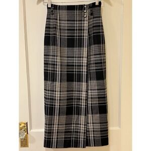 Lauren Ralph Lauren Vtg 2 Petite Long Plaid Wrap Skirt Iconic Wool Grey/Black